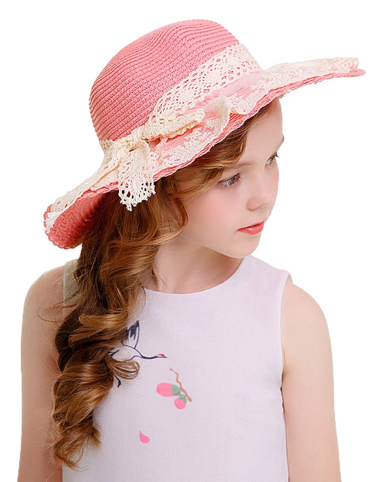 Bienvenu Little Girl Kids Summer Straw Hat Wide Brim Floppy Beach Sun Visor Hat,Pink - Image 5